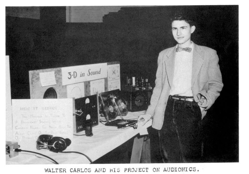 Walter ( later Wendy) Carlos demonstrating stereo sound for a high school science project, 1958. Photo The Rafaelite, Yearbook of St RAfael Academy, Pawtucket, Rhode Island.1